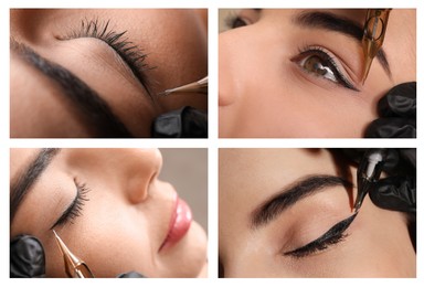 Collage with different photos of women undergoing permanent eye makeup