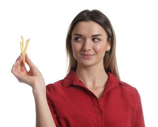 Photo of Young woman with French fries on white background