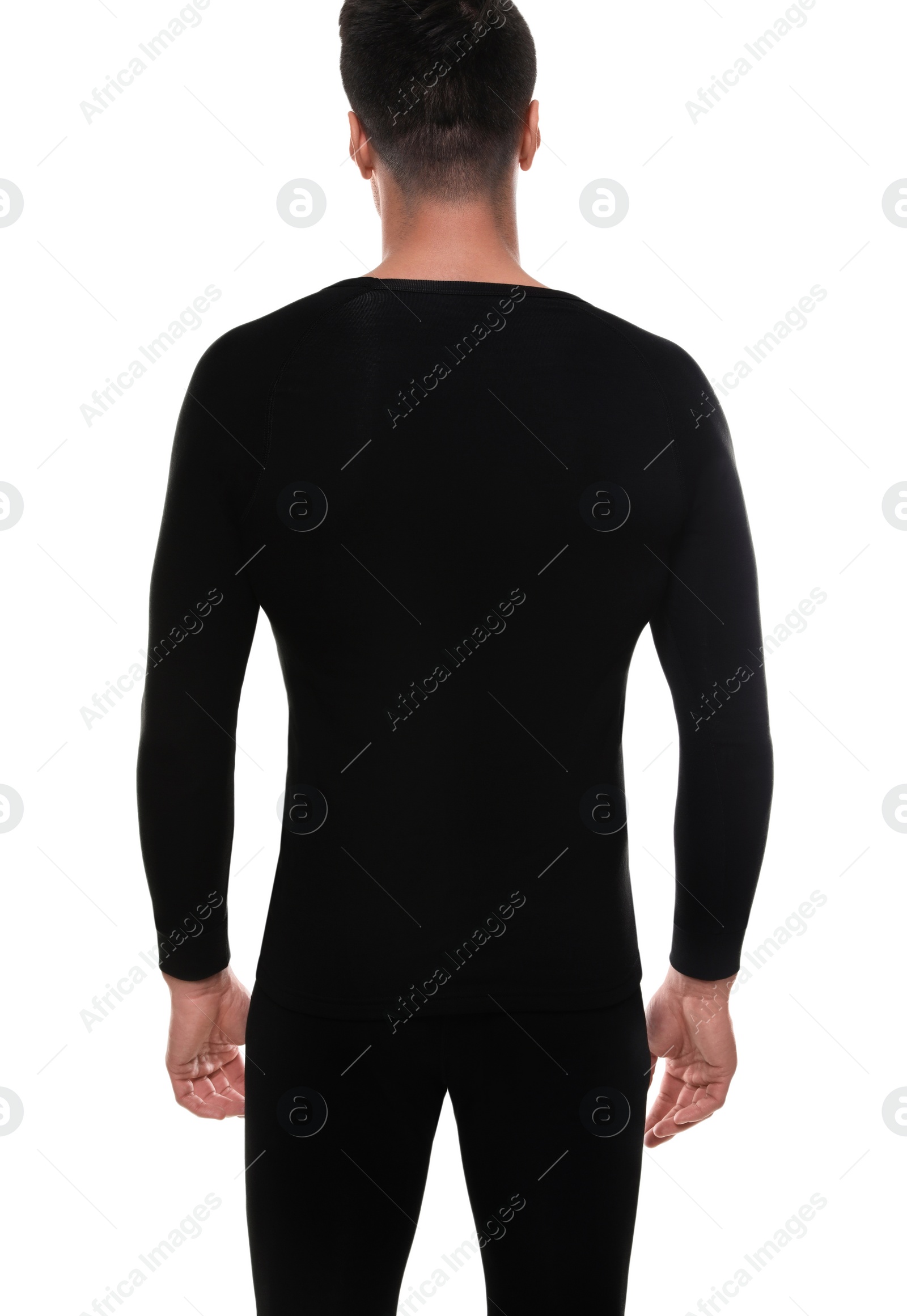 Photo of Man wearing thermal underwear isolated on white, back view