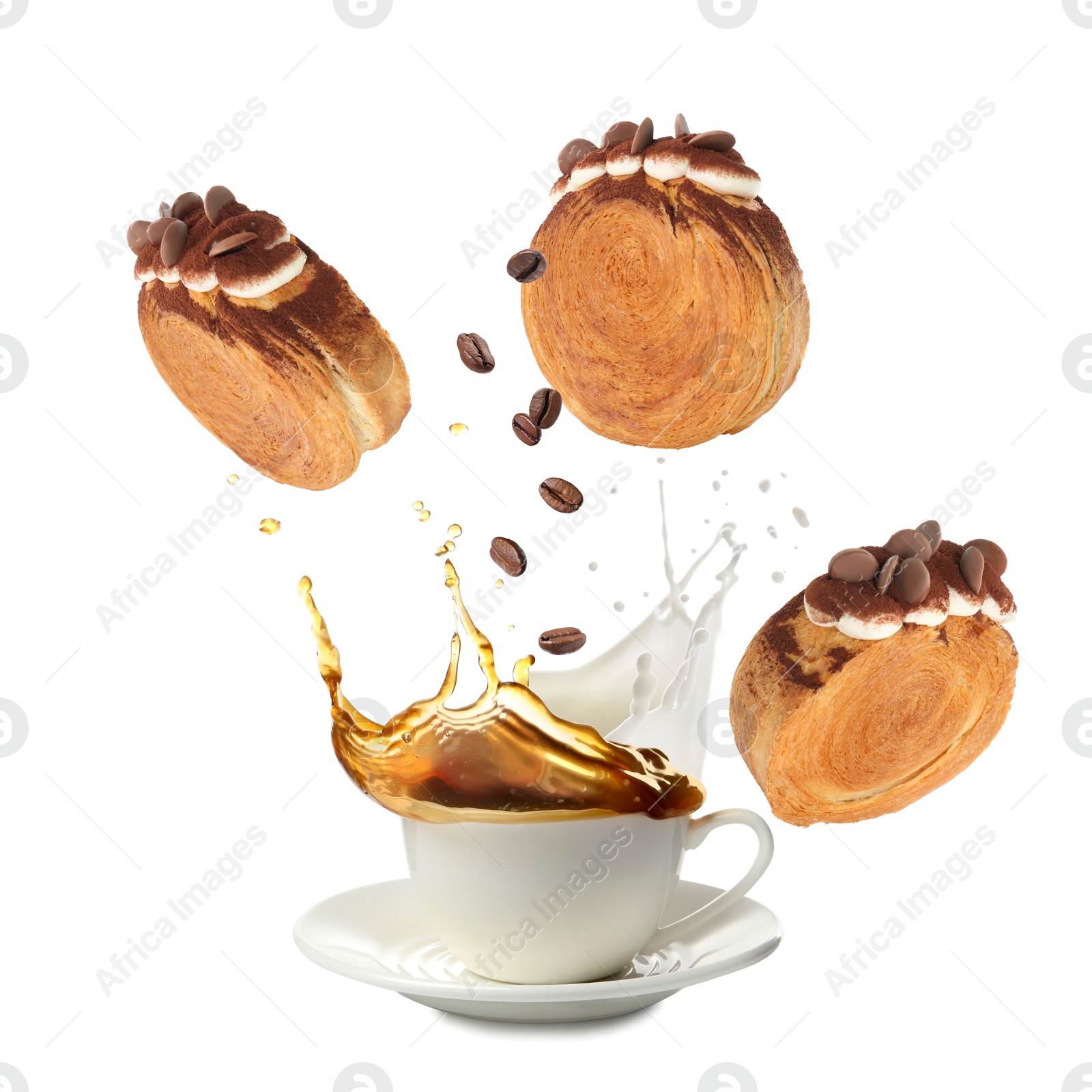 Image of Round croissants and coffee in air on white background