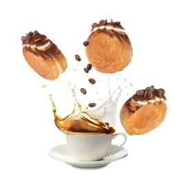 Image of Round croissants and coffee in air on white background