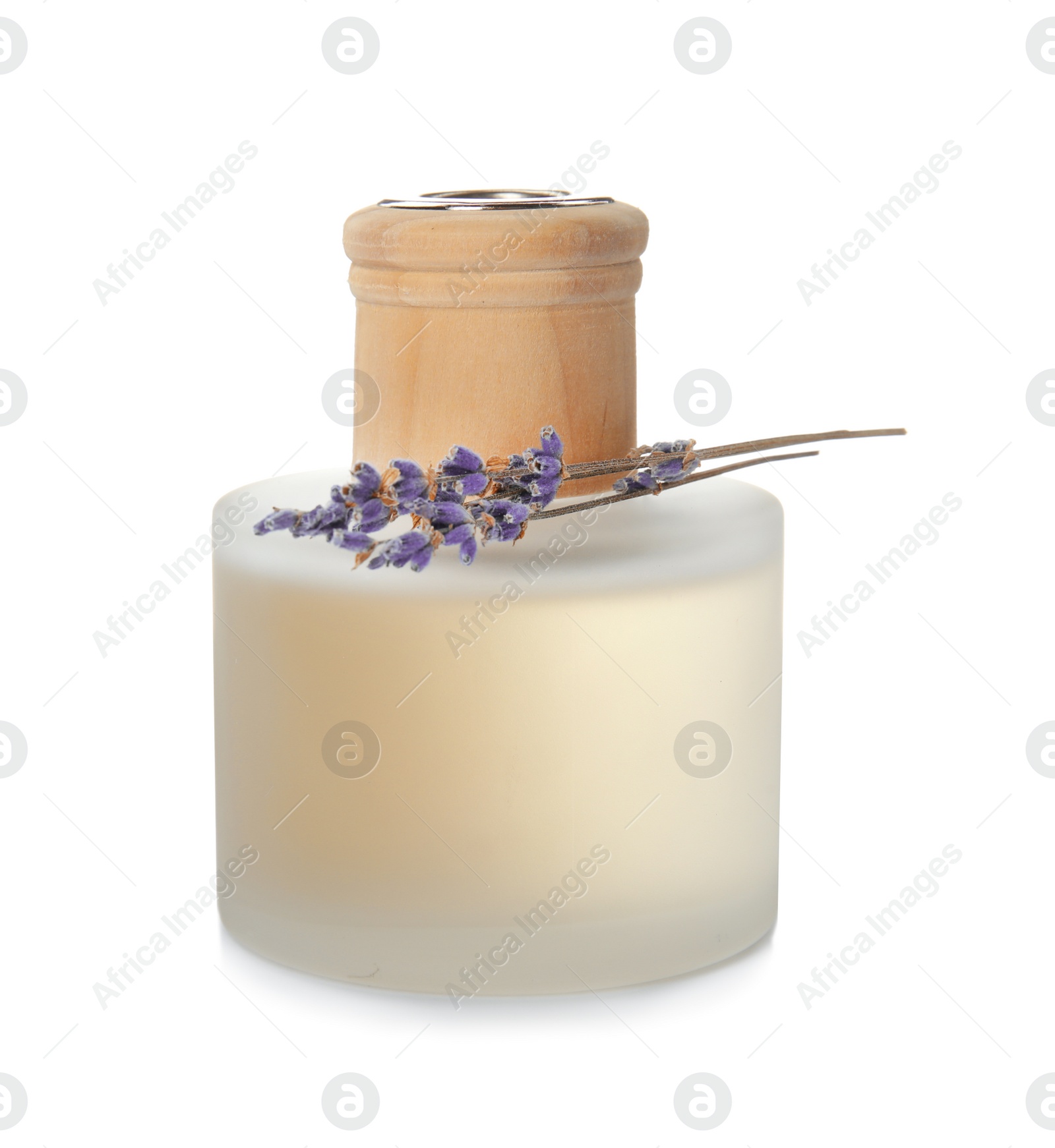 Photo of Bottle with aromatic lavender oil on white background