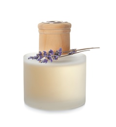 Bottle with aromatic lavender oil on white background