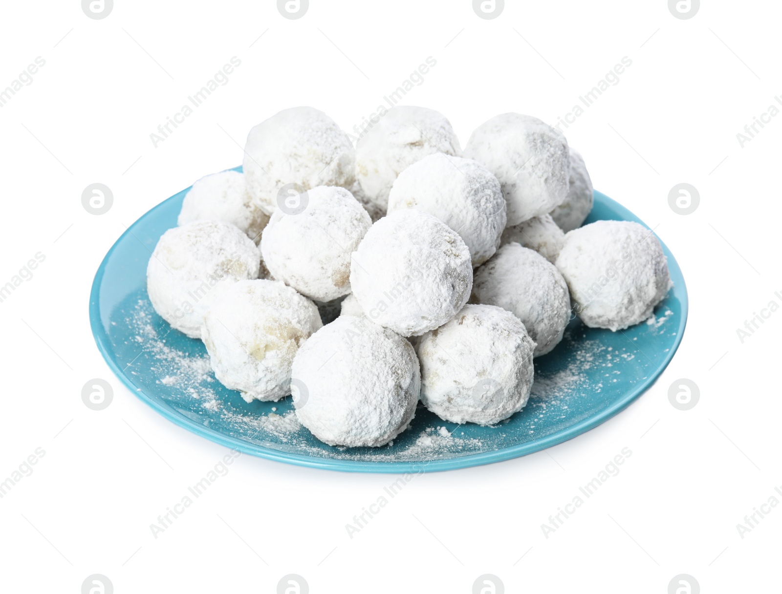 Photo of Tasty Christmas snowball cookies isolated on white
