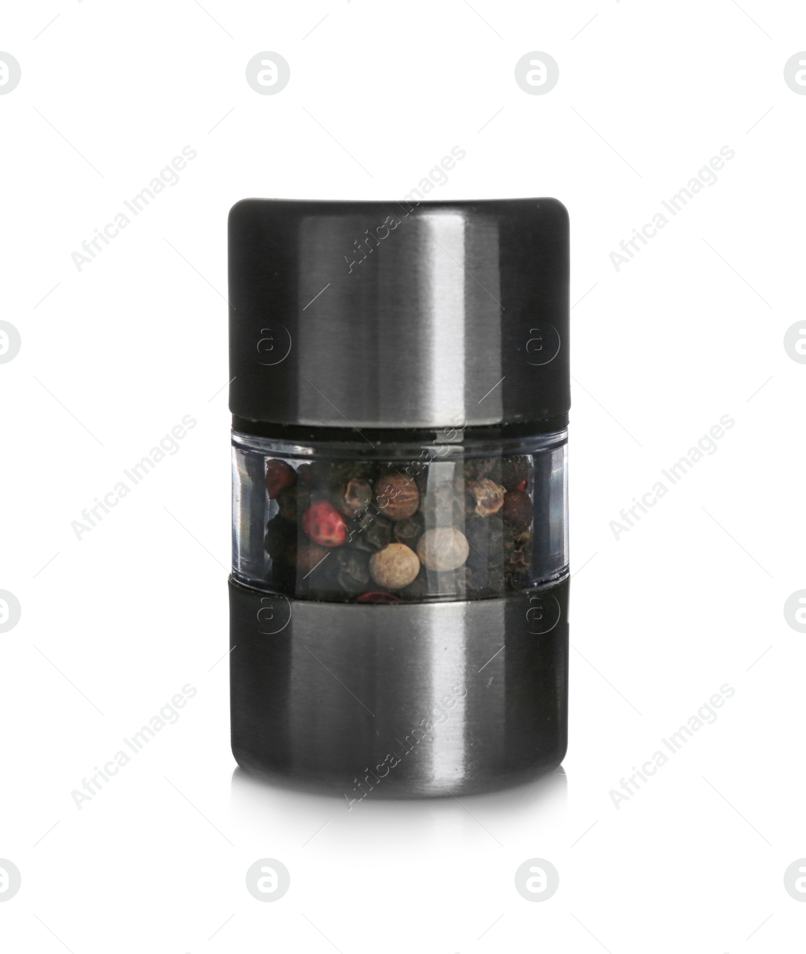 Photo of Manual grinder with mix of peppercorns on white background