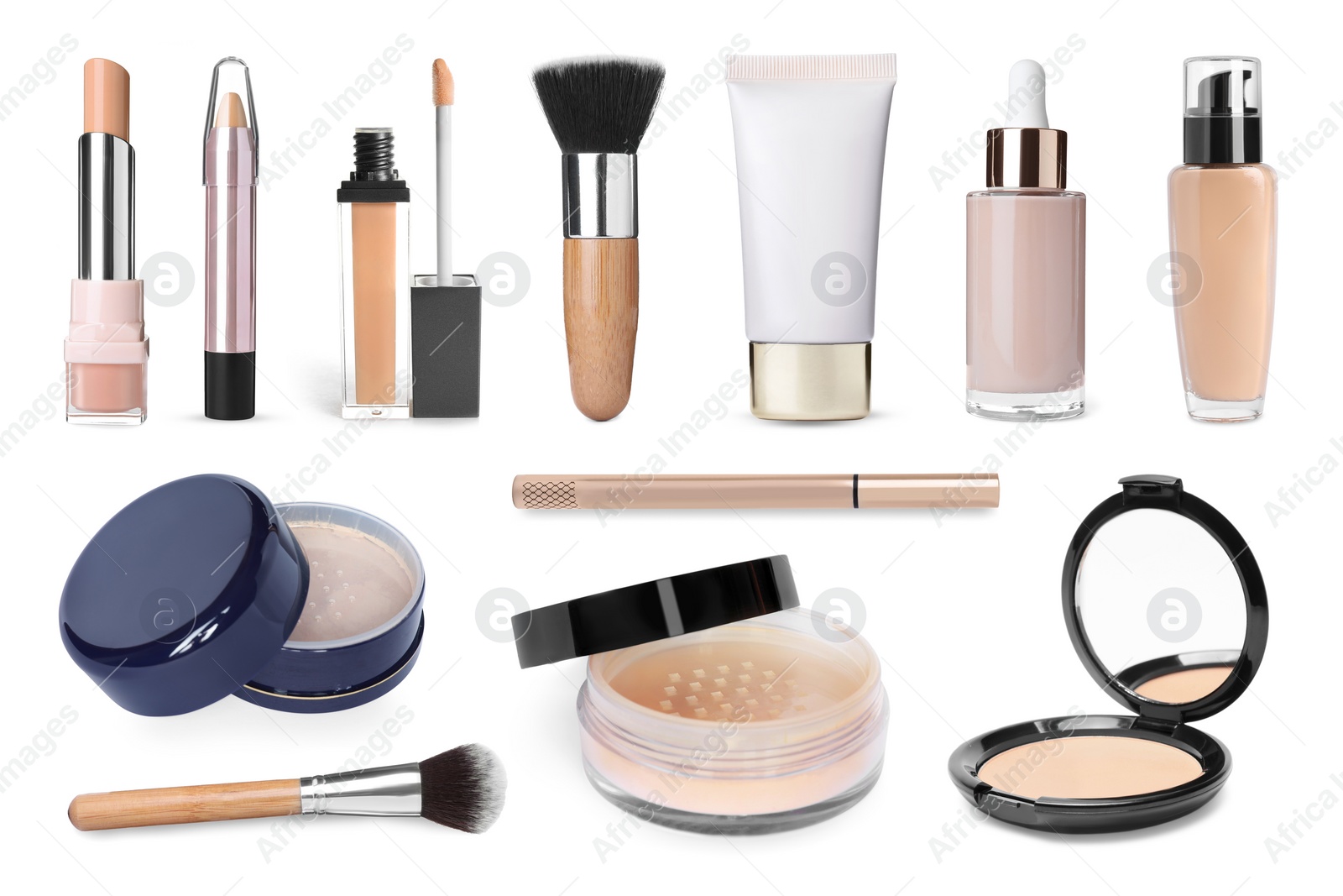 Image of Face powders, concealers, correctors, liquid foundations and brushes isolated on white. Collection of makeup products