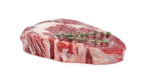 Photo of Piece of fresh beef meat and thyme isolated on white