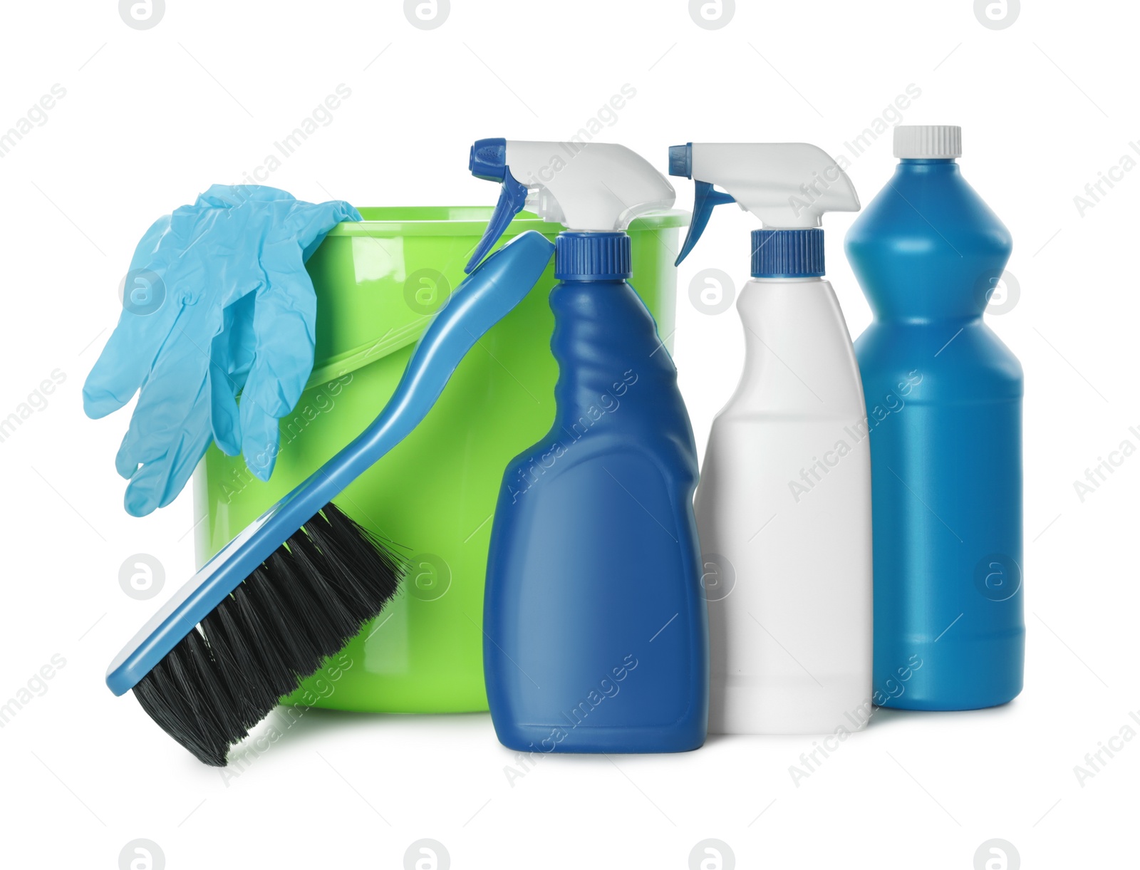 Photo of Plastic bucket with different cleaning supplies on white background