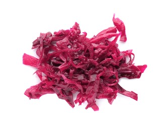 Photo of Pile of tasty red cabbage sauerkraut isolated on white, top view