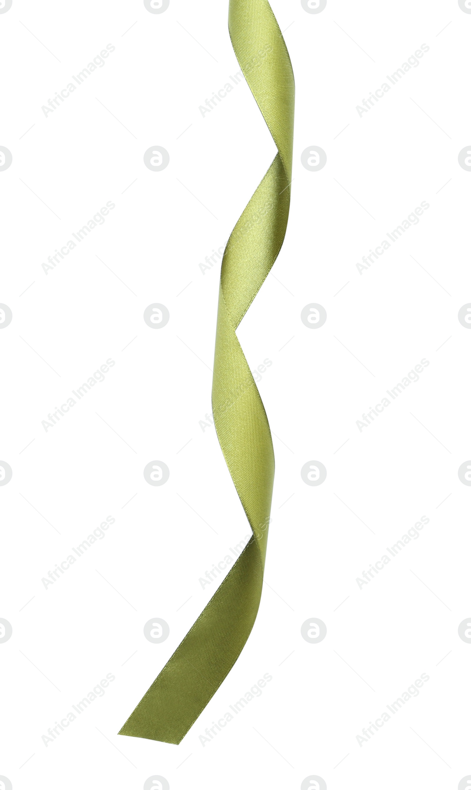 Photo of Beautiful green ribbon isolated on white, top view