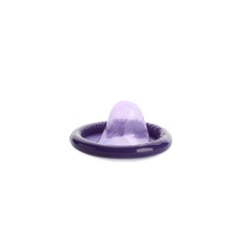 Photo of Unpacked purple condom isolated on white. Safe sex