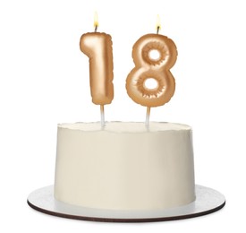 18th birthday. Delicious cake with number shaped candles for coming of age party isolated on white