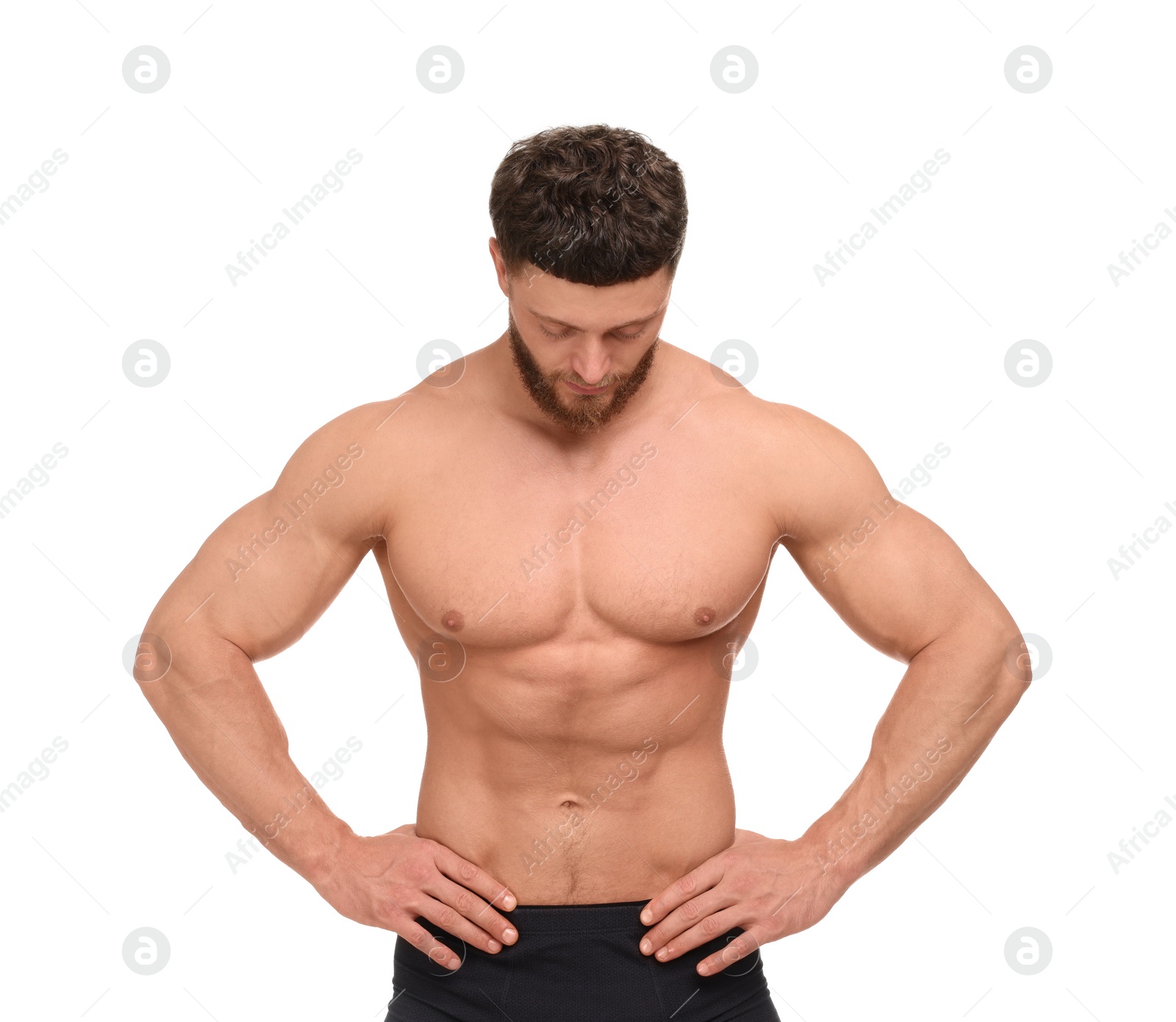 Photo of Handsome muscular man isolated on white. Sexy body