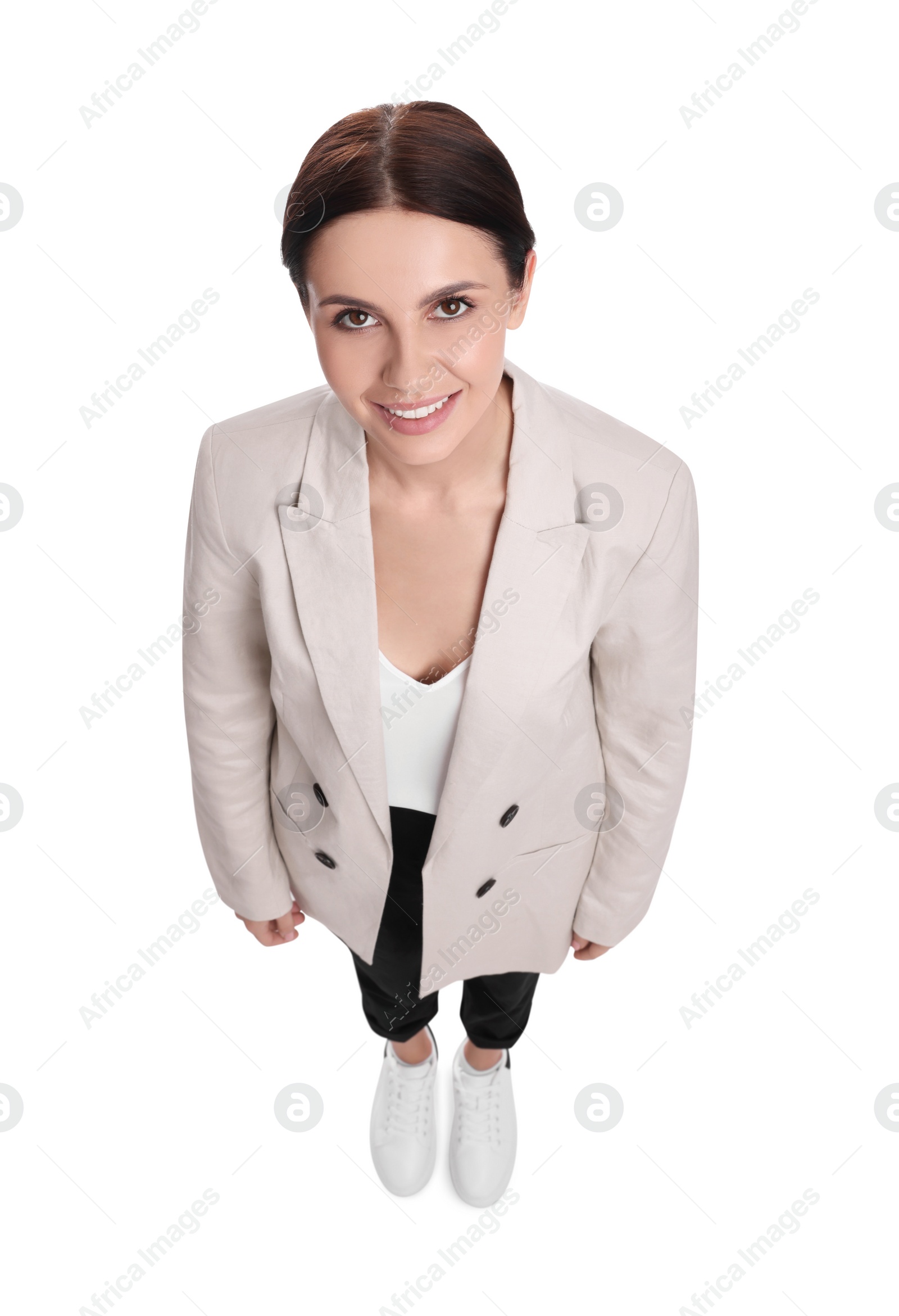 Photo of Beautiful businesswoman in suit on white background, above view
