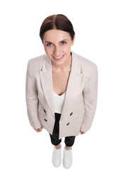 Beautiful businesswoman in suit on white background, above view