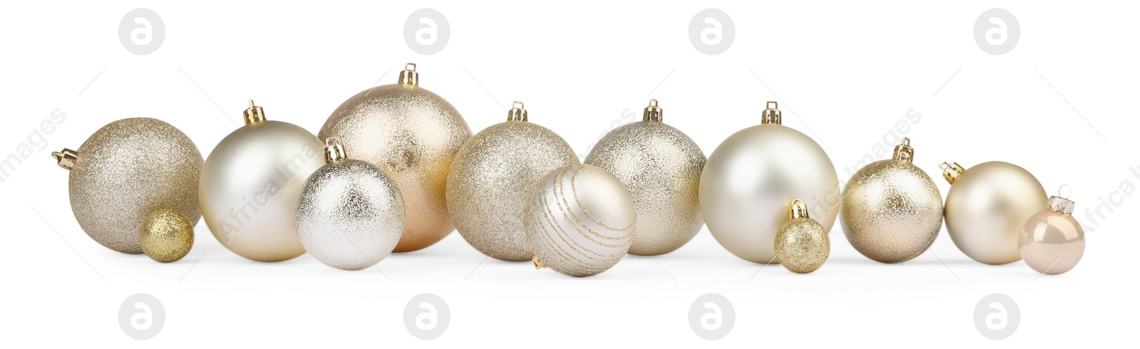 Photo of Beautiful golden Christmas balls isolated on white