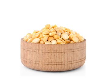 Bowl with dried peas on white background