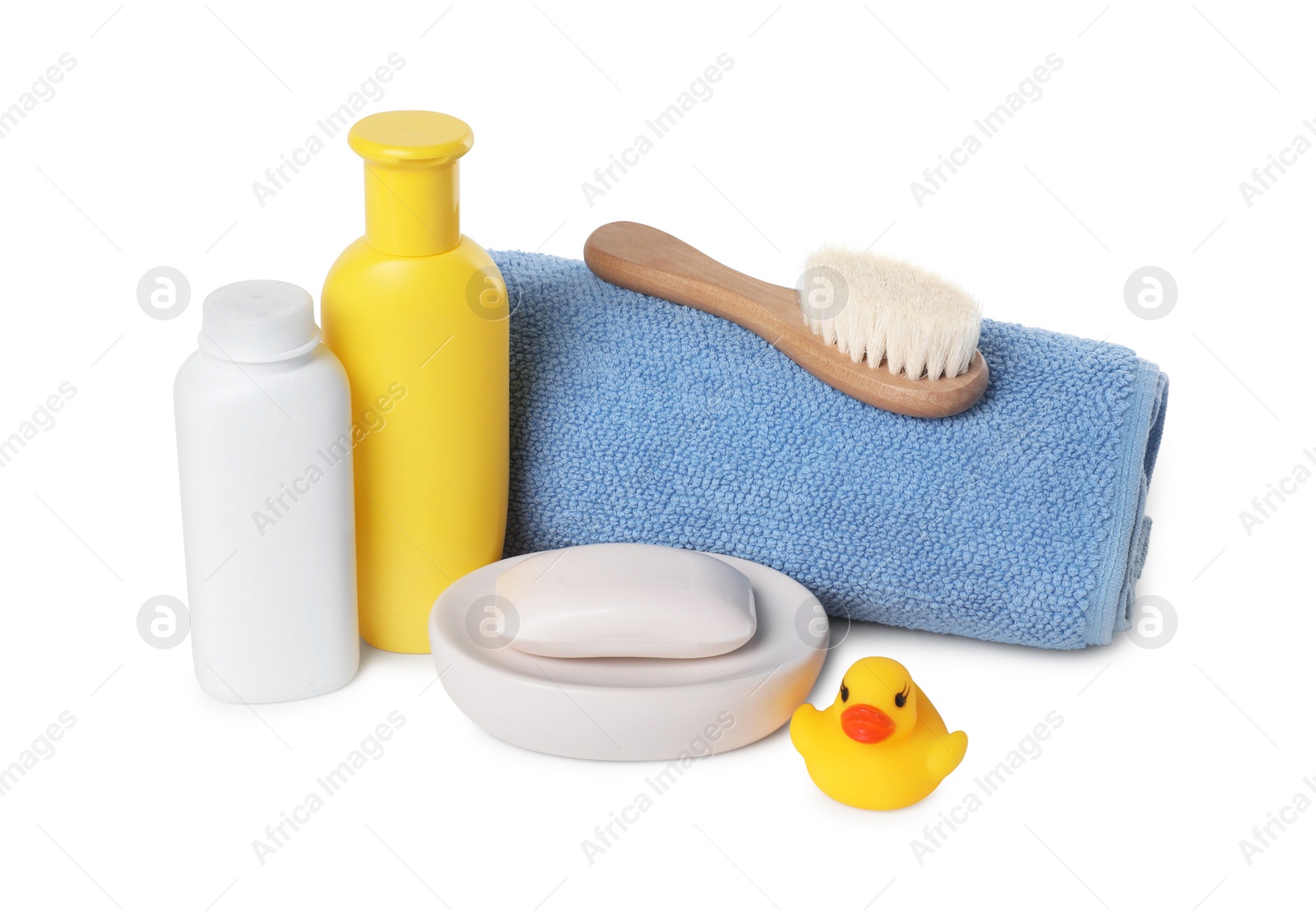 Photo of Baby cosmetic products, bath duck, brush and towel isolated on white