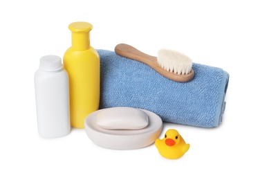 Photo of Baby cosmetic products, bath duck, brush and towel isolated on white