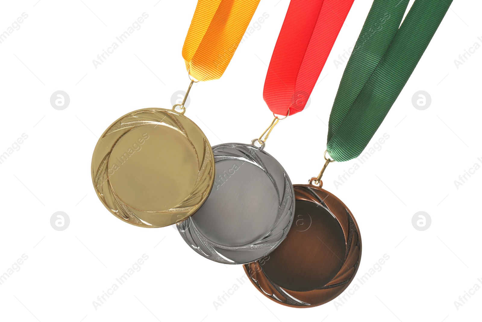 Photo of Gold, silver and bronze medals isolated on white. Space for design