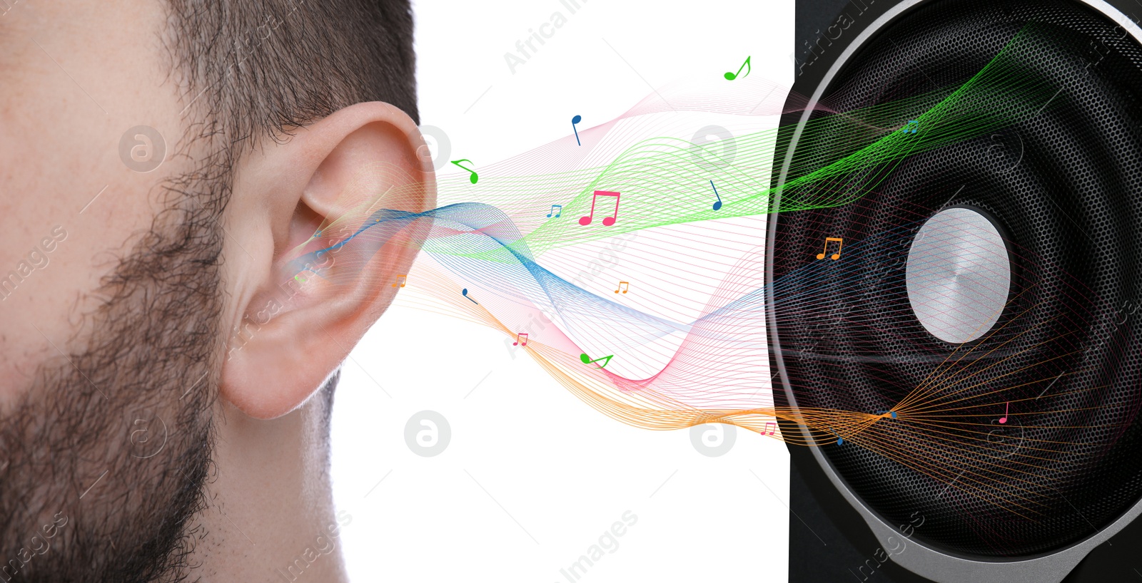 Image of Modern audio speaker and man listening to music on white background, closeup view of ear. Banner design