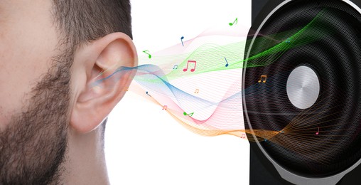 Image of Modern audio speaker and man listening to music on white background, closeup view of ear. Banner design