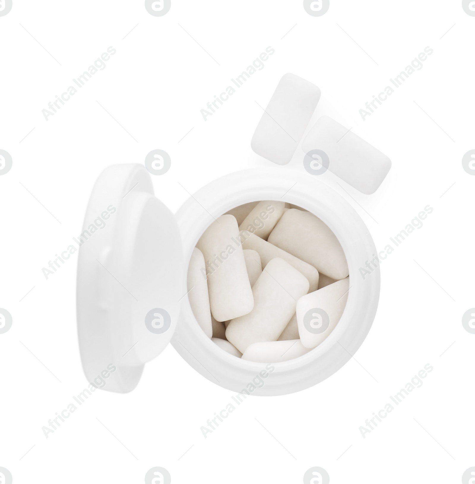 Photo of Jar and chewing gums isolated on white, top view