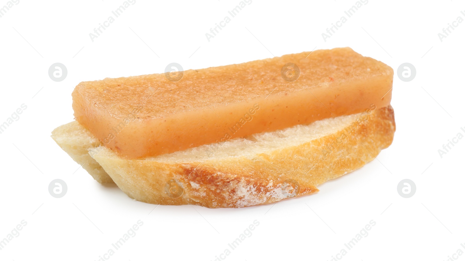 Photo of Bread with delicious sweet quince paste isolated on white