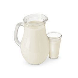 Image of Glass and jug with milk isolated on white