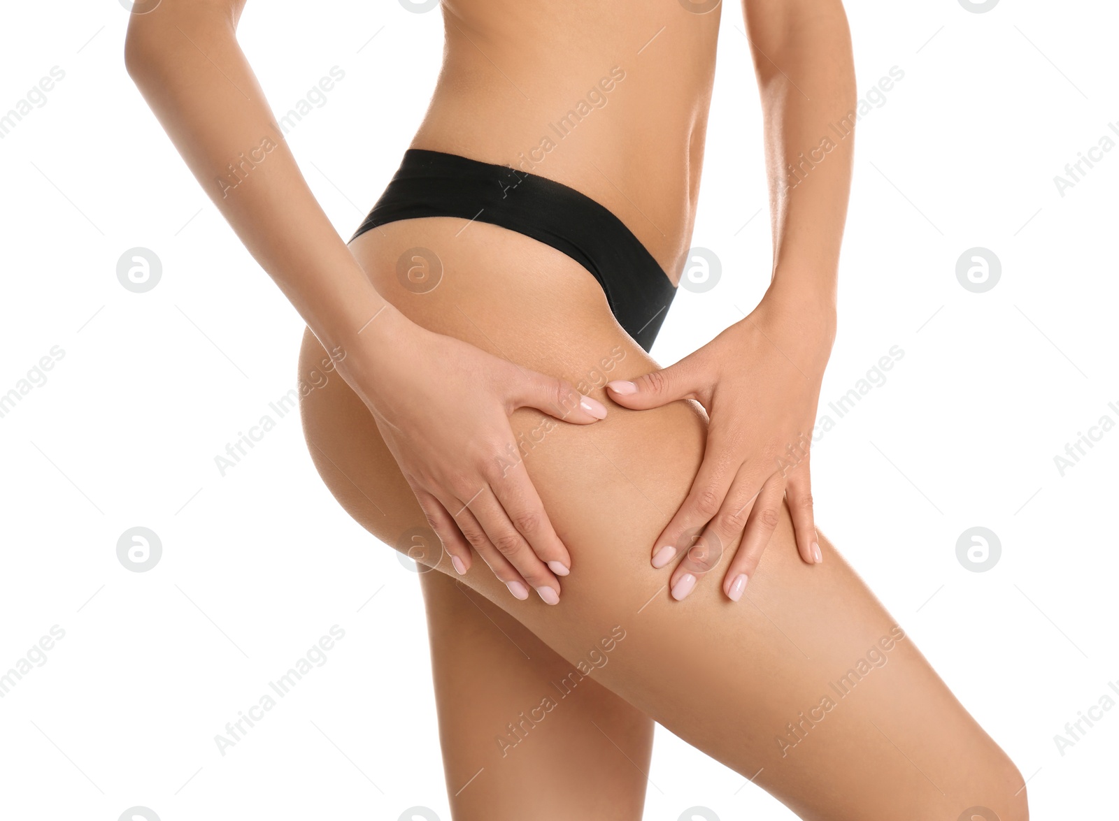 Photo of Closeup view of attractive slim woman in underwear on white background. Cellulite problem concept