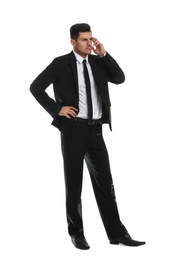 Photo of Thoughtful businessman in formal suit on white background