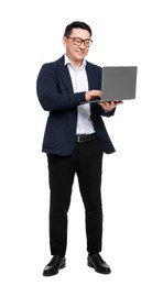 Photo of Businessman in suit with laptop on white background