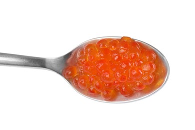 Photo of Spoon with delicious red caviar isolated on white, top view