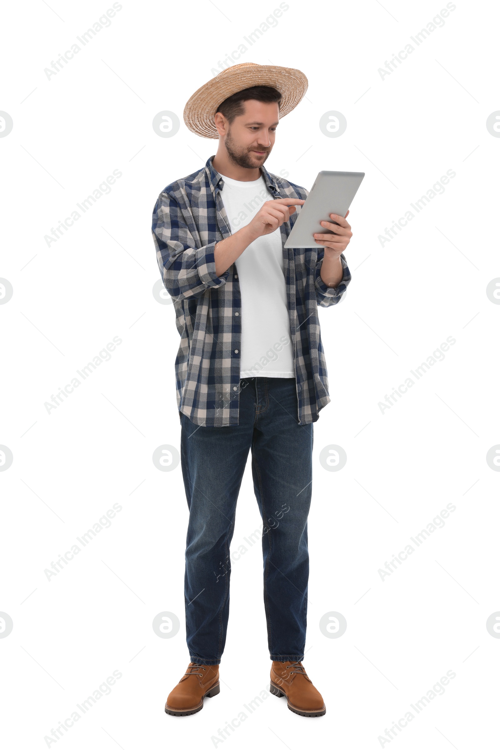 Photo of Farmer using tablet on white background. Harvesting season