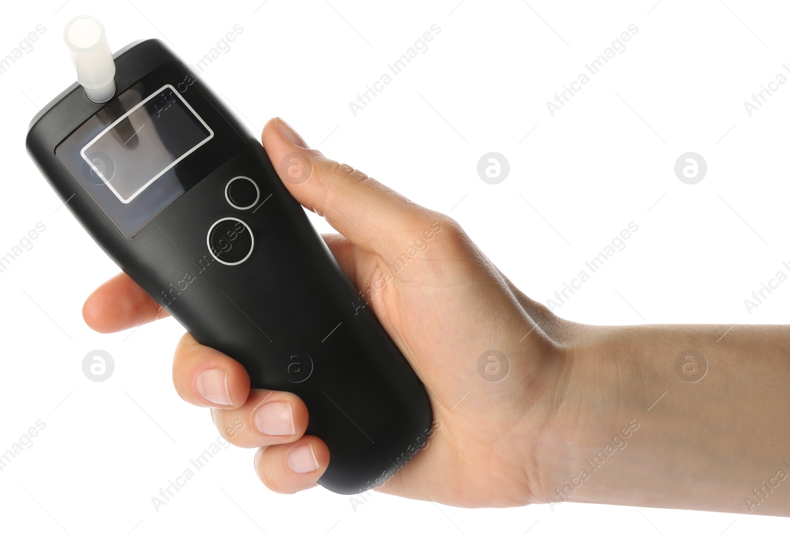 Photo of Woman holding modern breathalyzer on white background, closeup