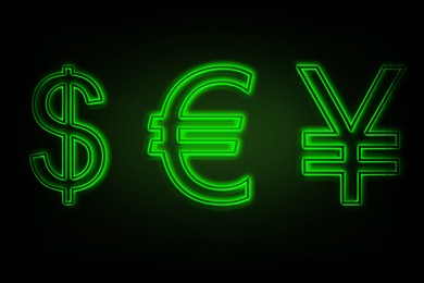 Money exchange neon sign. Green symbols of different currencies on black background