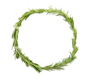 Photo of Frame made of fresh rosemary twigs on white background, top view. Space for text