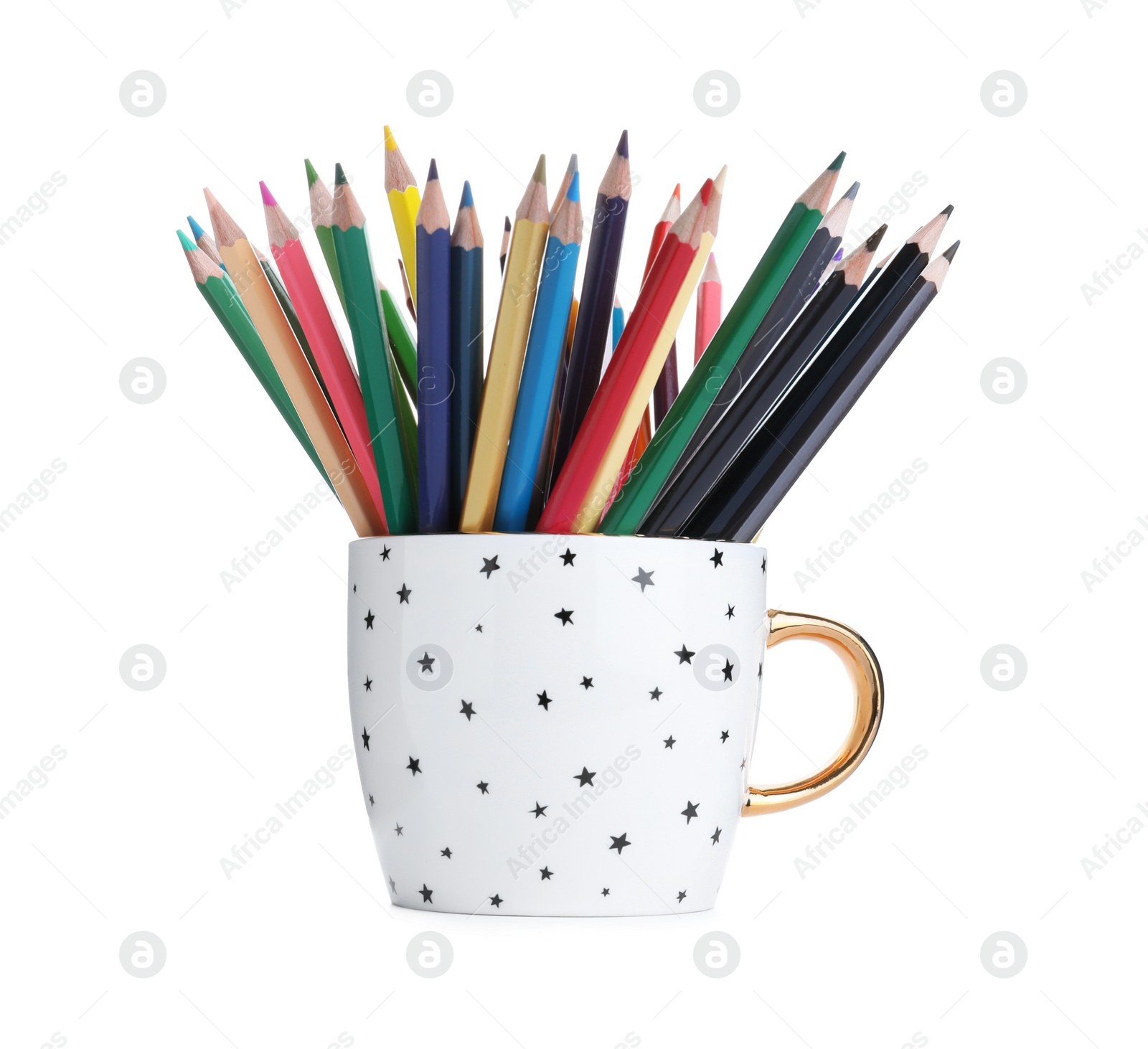 Photo of Colorful pencils in cup on white background