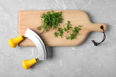 Cutting board with dill and chopping knife on grey background, flat lay