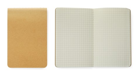 Image of Closed and open planners on white background, top view. Collage