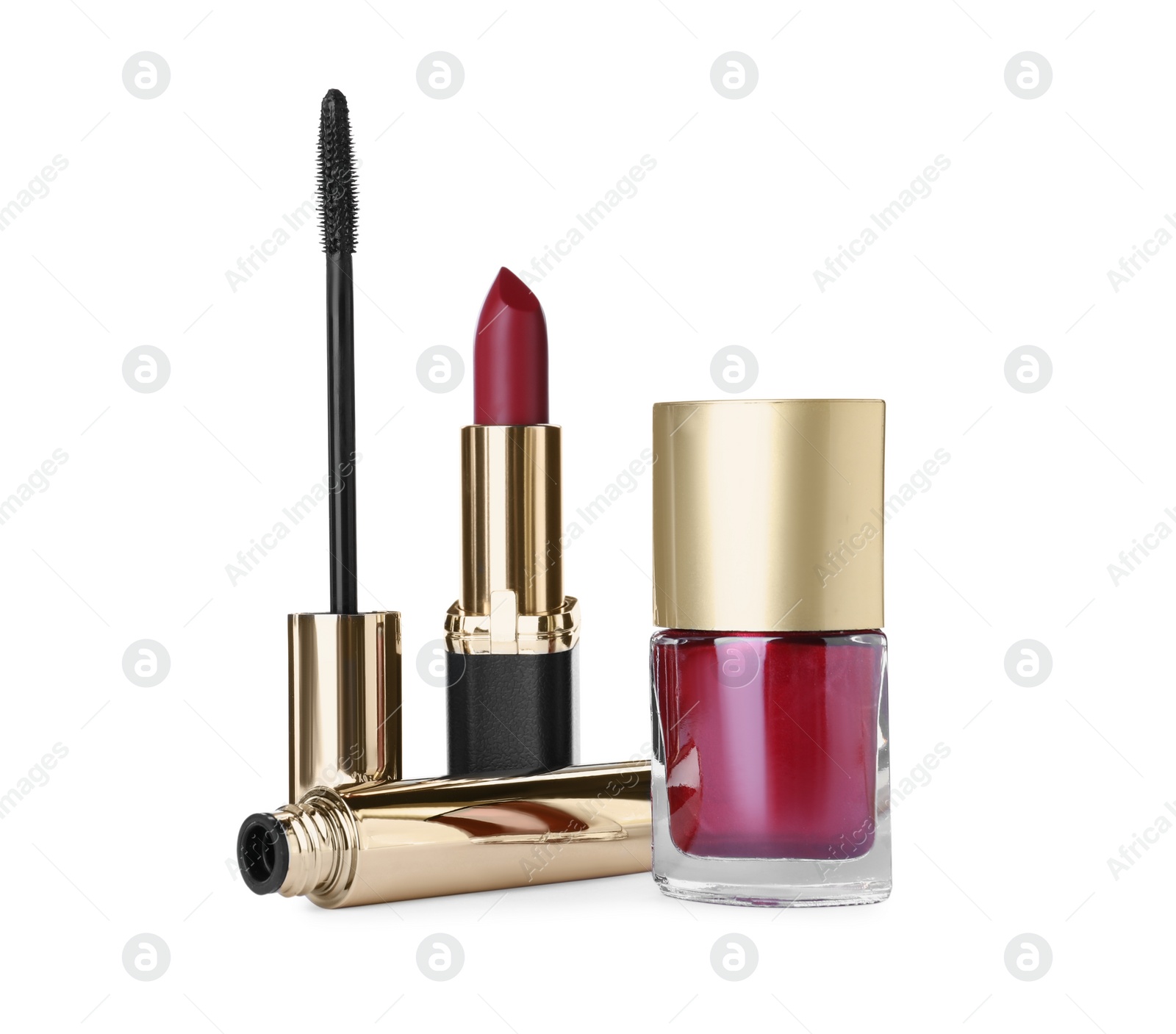 Photo of Different luxury decorative cosmetics on white background