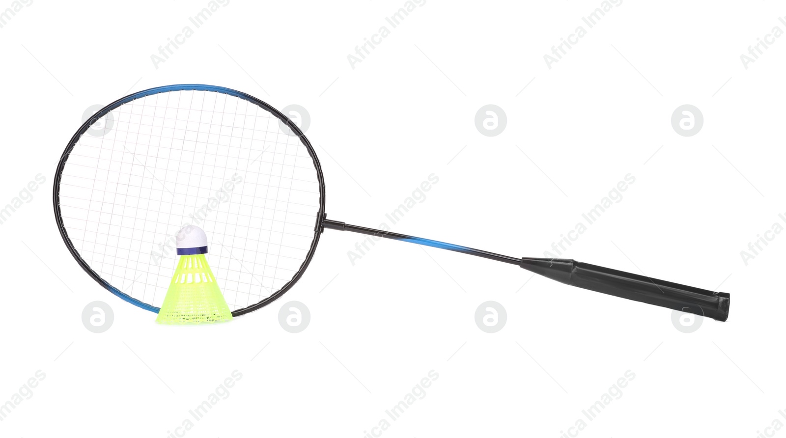 Photo of Badminton shuttlecock and racket isolated on white. Sports equipment