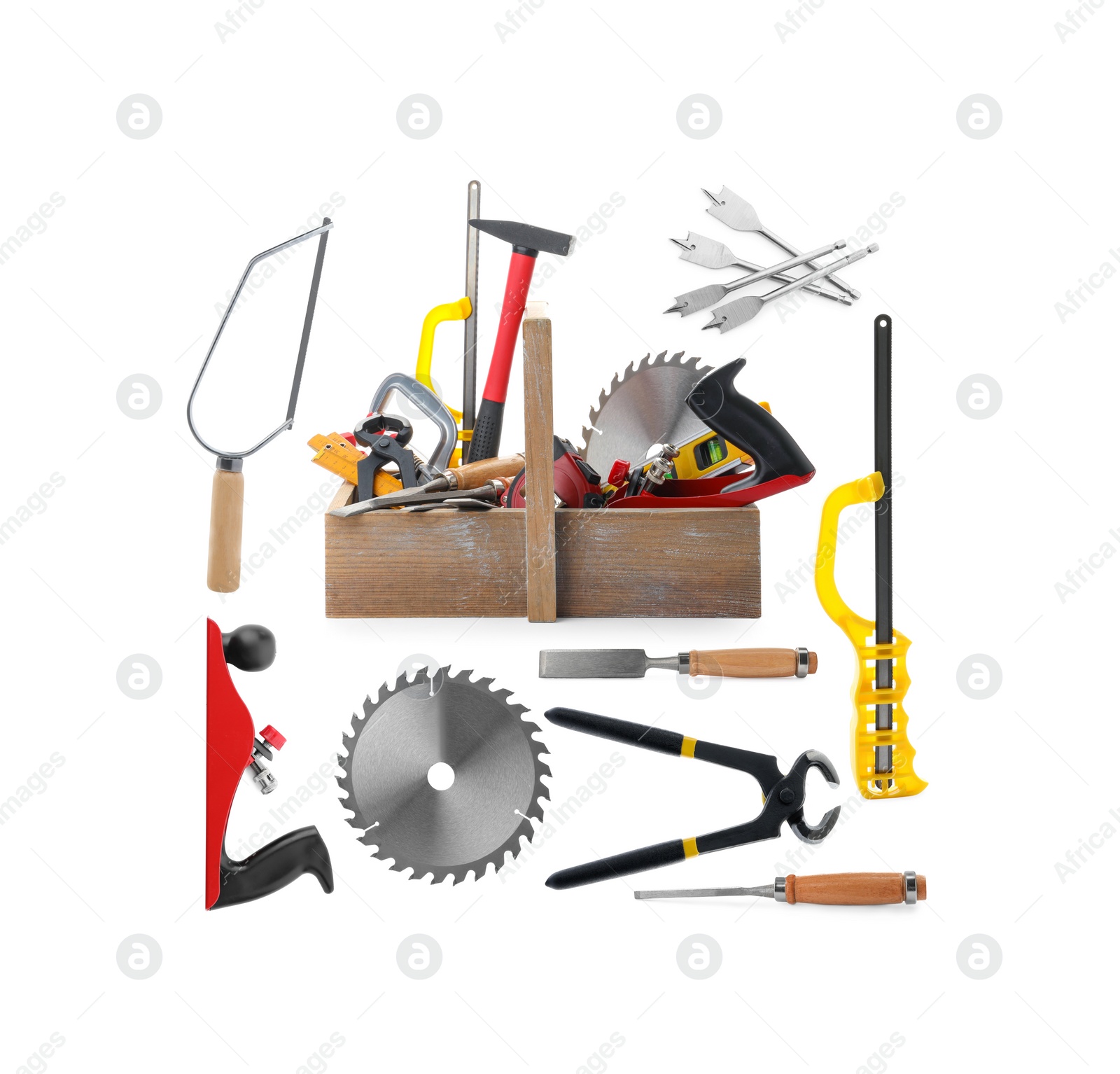 Image of Collage with different modern carpenter's tools on white background