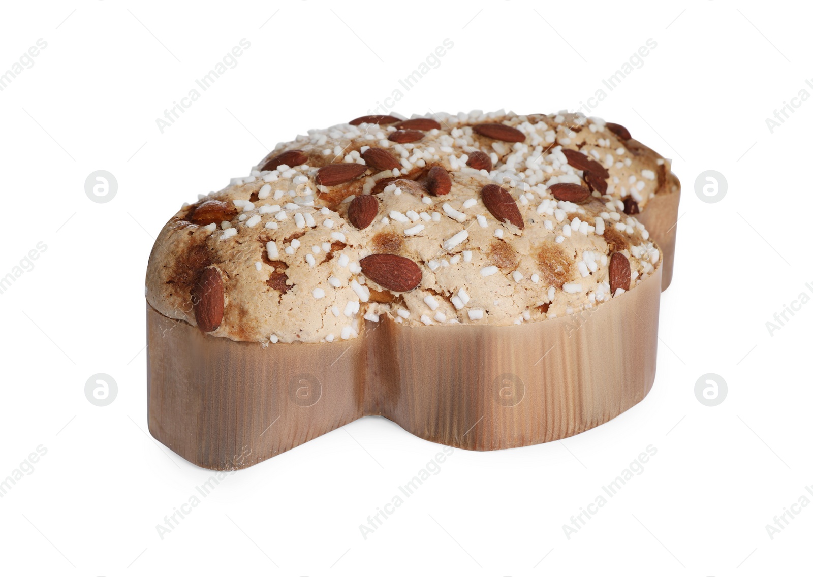 Photo of Delicious Italian Easter dove cake (Colomba di Pasqua) decorated with sugar and almonds on white background