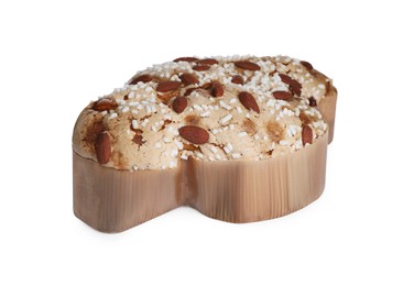 Photo of Delicious Italian Easter dove cake (Colomba di Pasqua) decorated with sugar and almonds on white background