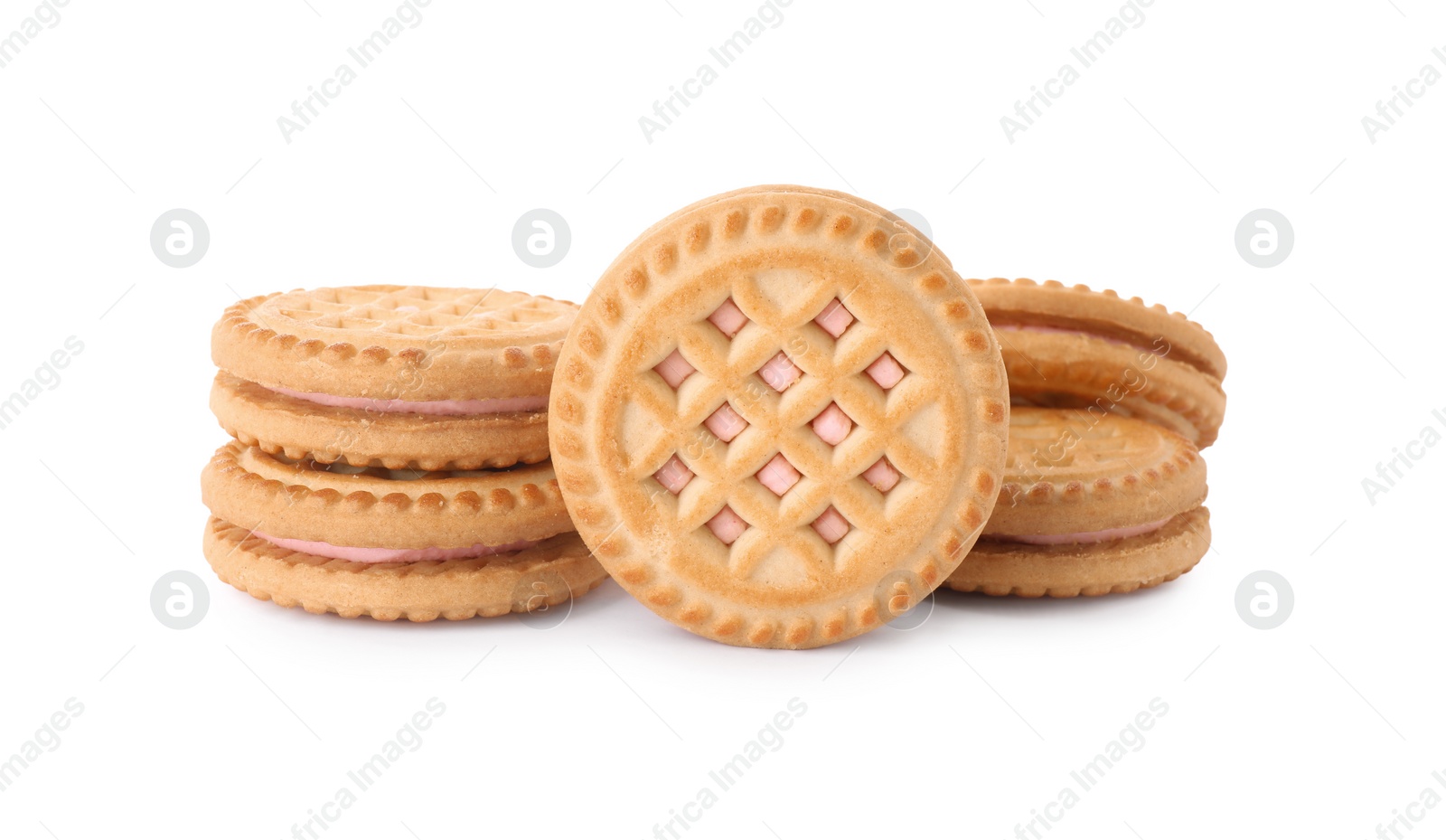 Photo of Tasty sandwich cookies with cream isolated on white