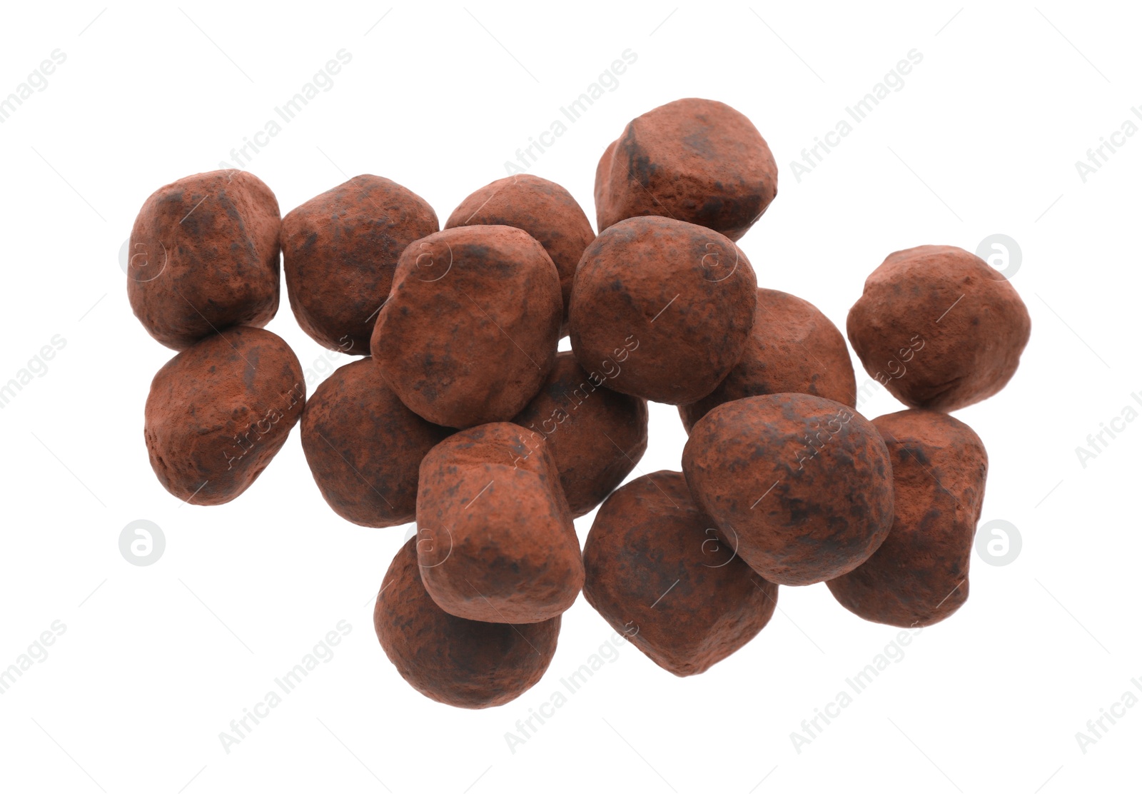 Photo of Delicious chocolate candies on white background, top view