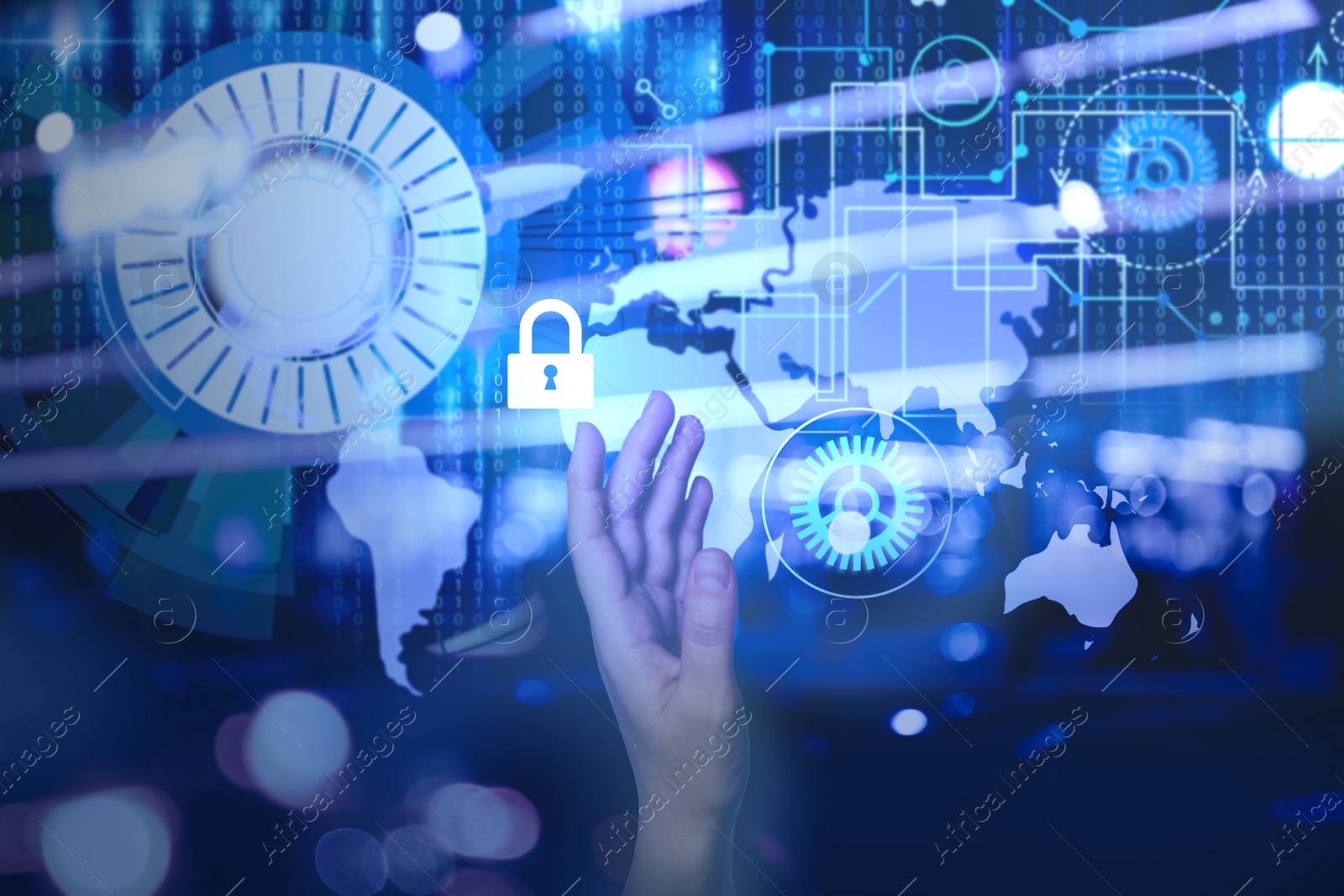 Image of Woman activating protection against cyber attack, closeup. Digital icons and world map