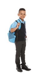 Full length portrait of cute African-American boy in school uniform with backpack on white background