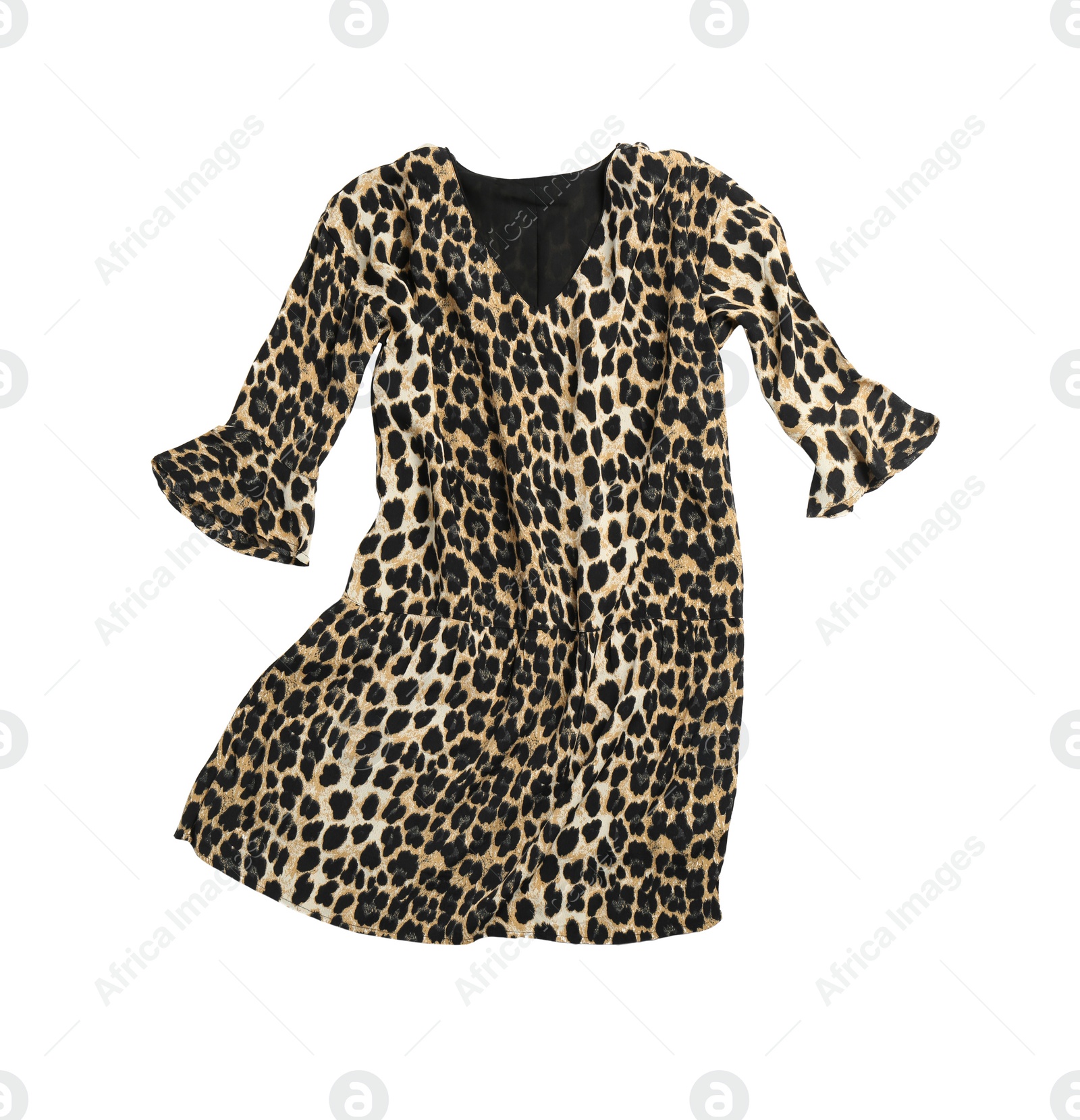 Photo of Short leopard print dress isolated on white, top view